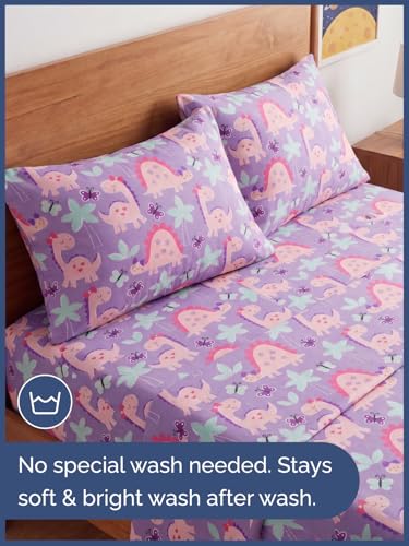 Image of Kids Queen Size Pink Dinos Bed Sheets - 4 Piece Kids Pink Dinos Sheet Set | Pink Dinos Themed Bedding, Ultra-Soft, Cute & Cozy, Breathable & Machine Washable, Bed Set for Boys, Girls & Teens & Cooling