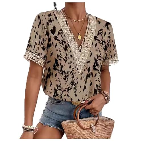 ECOTISH T Shirt da Donna Manica Maglietta con Scollo a V e Maniche Corte con Bordi in Pizzo T-Shirt Estivo per Ragazze (IT, Testo, XL, Regular, Regular, Marrone)