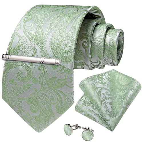 Image of DiBanGu Silk Floral Ties for Men Woven Paisley Necktie and Tie Clip Handkerchief Cufflinks Set for Party Wedding