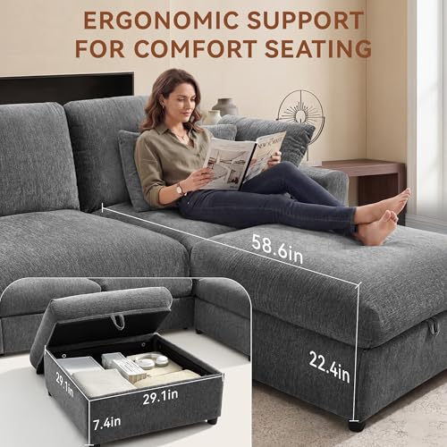 Image of Ihanherry 141 inch Oversized Cloud Sectional Couches for Living Room, Modular Sectional Sofa with Wide Deep Seat, U Shaped Couch with Throw Pillow and Storage Ottoman, Dark Grey
