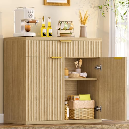 TEENFON 80 cm Aparador con Puertas Estriadas & Tiradores Dorados, Aparadores para Salon con Encimera, Aparador Cocina con 1 Cajón & Estante Ajustable, para Comedor, Pasillo, 80 x 38 x 80 cm, Roble