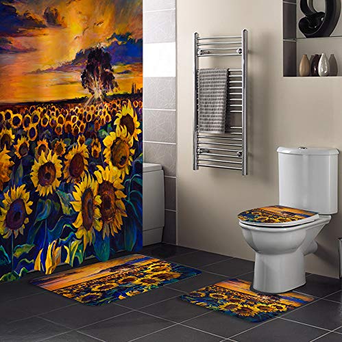 MuswannaA 4 Piece Shower Curtain Sets Sunflower Oil Painting Dreamy Spectacular Scenery Non-Slip Rug, Toilet Lid Cover, Bath Mat Waterproof Shower Curtain Bathroom Sets with 12 Hooks Bath Decor
