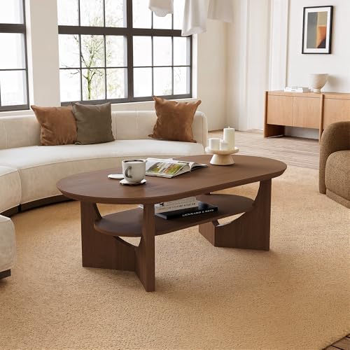 Vitalikus Mid Century Modern Coffee Table, 47' Oval Wood Coffee Tables for Living Room, 2 Tier Curved Round Center Table with Storage Shelf & Sturdy Base, Minimalist Retro Tea Tables, Walnut