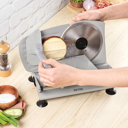 Petra Elektrischer Allesschneider – Küchenschneider für Brot, Käse, Fleisch, Wurstschneidemaschine, 1-15mm Schnittdicke, 3 x 170mm Edelstahl glatte gezackte Klingen, rutschfeste Saugfüße