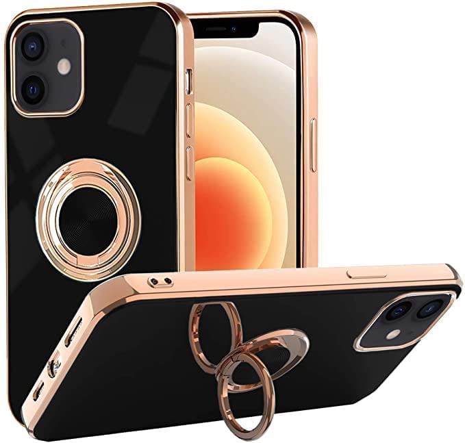 EBS Phone Case iPhone 11, iPhone 11 Ring Holder Case, Gold Edge 360 Degree Rotation, Slim Protective Cover for Men Women (Black)