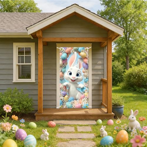 Image of Happy Easter Door Cover Cute Bunny Banner Pastel Eggs Floral Spring Front Door Decorations Home Party Outdoor Decor 35.4x71 Inch