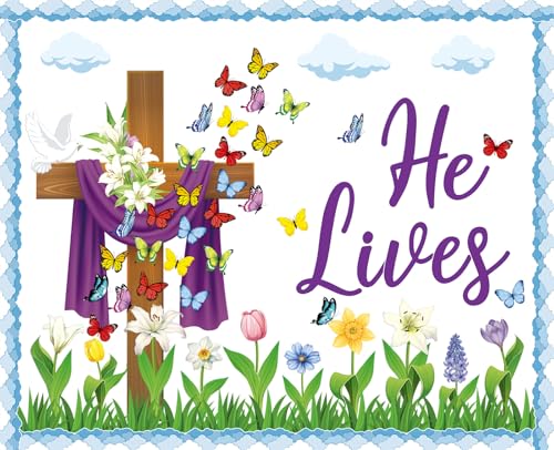 Easter Bulletin Board Decorations Christian Religious Bulletin Board Set He Lives Cross Cutouts for Spring School Sunday Home Church Wall Door(Christian)