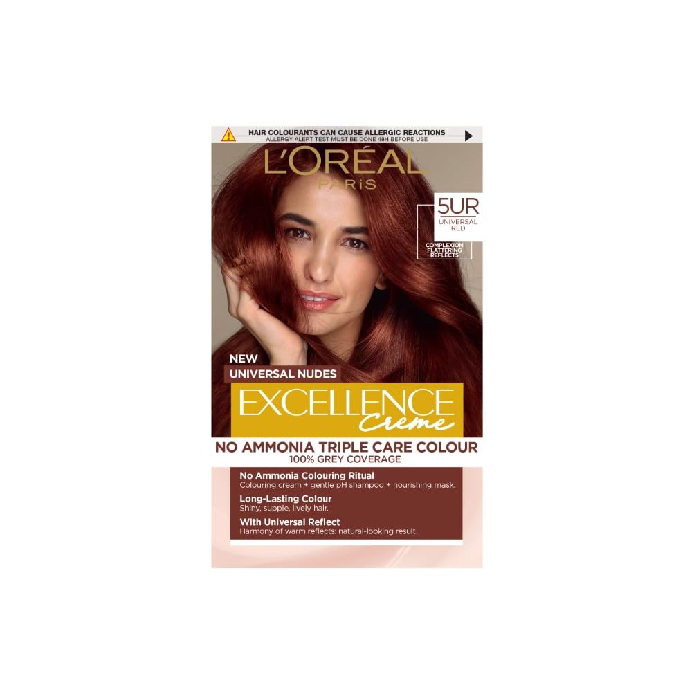 L'Oréal Paris Excellence Universal Nudes Hair Colour, Ammonia-Free, Micro-Keratine, Triple Care, 100% Grey Coverage, Radiance Boosting, 5UR Universal Red