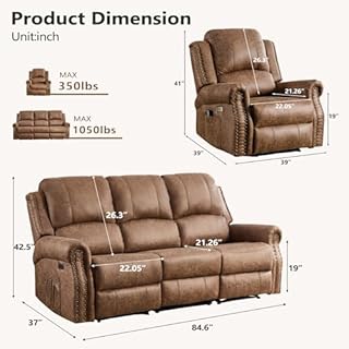 HAOMARKETS 3-Piece Power Reclining Sofa Set for Living Room, Included 2 Faux LeatherElectric Recliners with Massage & Heat, and 3-Seater Recliner Couches with Rivets, Brown