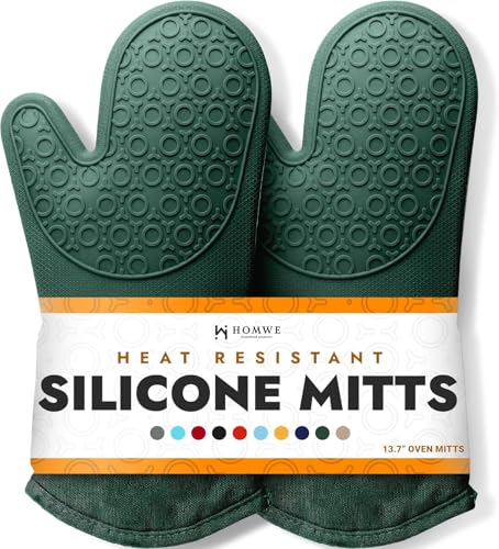 Image of BPA-Free Silicone Oven Mitts Ultra Heat Resistant up to 500F - Oven Mitts with Thick Cotton Liner - Long Slip Resistant Pot Holders, Flexible Oven Gloves - Green 13.7 inch