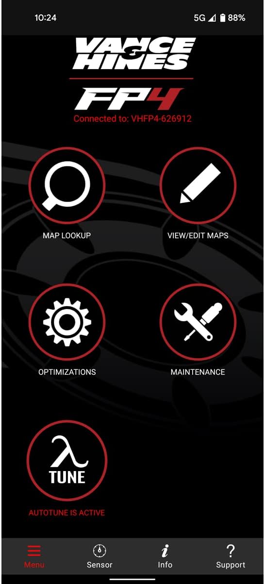 Vance & Hines FP4 app main menu with options like Map Lookup, Optimizations, Autotune