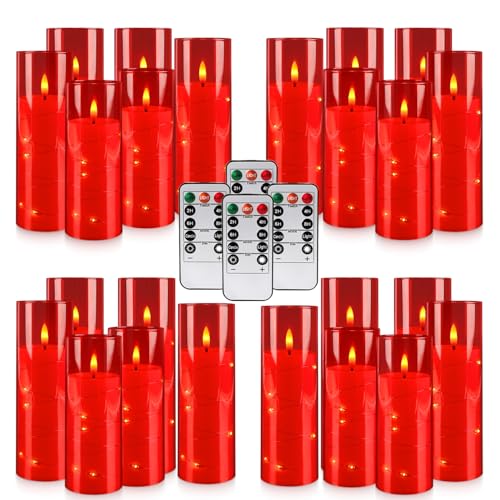 Image of 24-Pack Flameless LED Candles with Star String Lights - Red Acrylic Pillar, Realistic Flickering, Remote Control & Timer for Home Decor, Wedding, Christmas