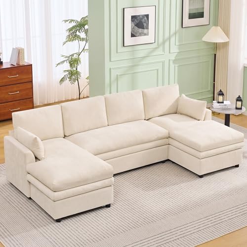 Image of 110 inch Sectional Couches with Double Chaises, Comfy Deep Dual-Layer Cushion Couch, 6 Seater U Shaped Couch, Modern Modular Sofa, Chenille Sofas for Living Room, Apartment, Beige