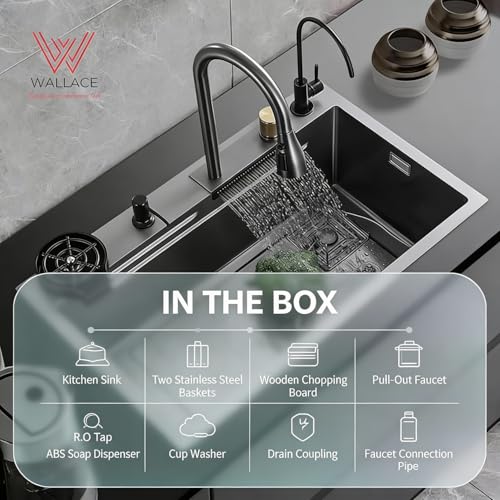 Image of WALLACE 304 Grade Black Single Bowl Multifunction Kitchen Sink 30x18x10 inches | Stainless Steel Workstation Sink with Integrated Waterfall Cup Washer Drain Basket RO Tap & Pull Down Faucet