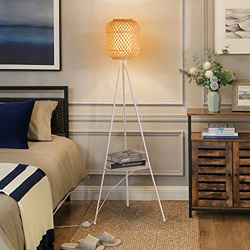 Exclusive Discount 70% Price  Modern Bamboo Tripod Floor Lamps with Shelf for Living Room, Bedroom, White Mid Century Standing Light with Table Attched Ratten Contemporary Tall Lamp for Office-E26 Blub not Included