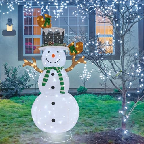 Outdoor Snowman Lighted Pop-Up Lighted Snowman Outdoor Christmas Decorations Prelit 120 LED Lights Plug-in Collapsible Light Up Snowmen with Squirrels Pine Cone Home Balcony Porch Yard Decor-Green