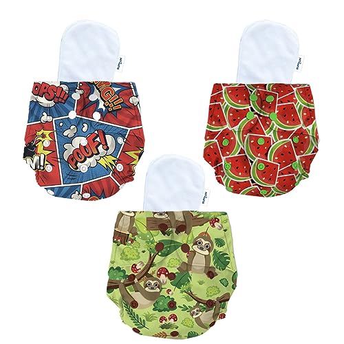 Image of Bumtum Baby Diaper | 0-3 Yrs Baby Freesize | Pack of 3, New Born Baby Diaper, Cloth Diaper, Waterproof Reusable Diaper, 5hrs Absorbency, Washable, Cotton, Extra Soft (Poof, Sloth & Watermelon)