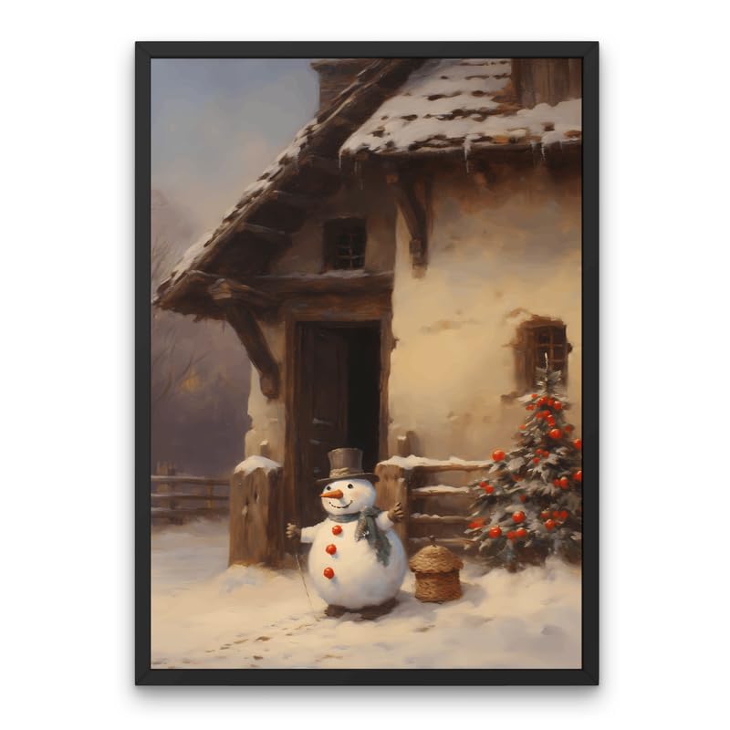 Xmas Celebration Snowman Framed, Snowman Paintings Vintage Snowman Christmas Art Gallery Groovy Christmas Art Above Door Decor Artful Art (A4 Size: 8.3 X 11.7 Inches)