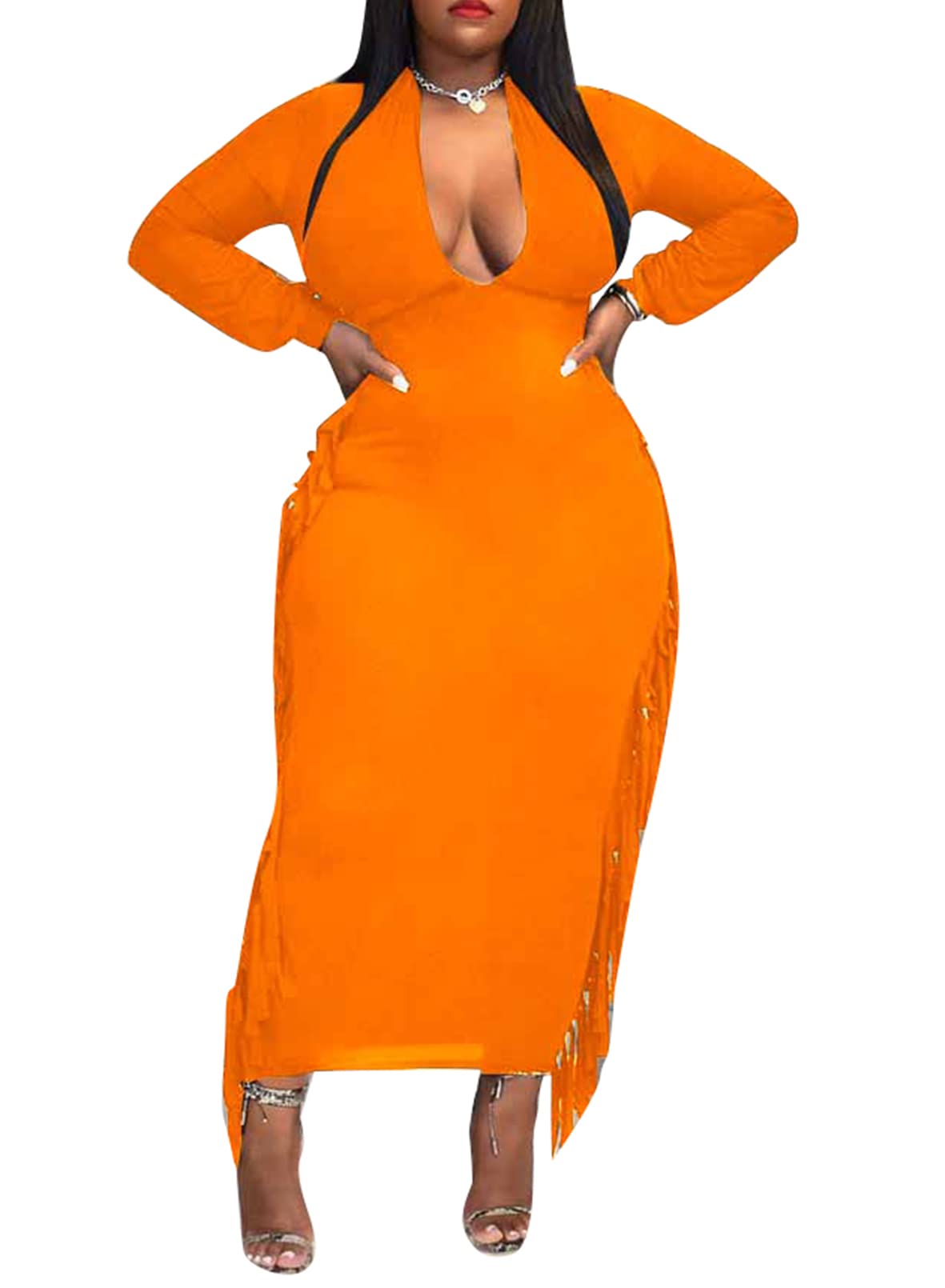 Plus Size Deep V Neck Dress for Women Long Sleeve Oversized Bodycon Maxi Dress Sexy Party Pencil Dresses