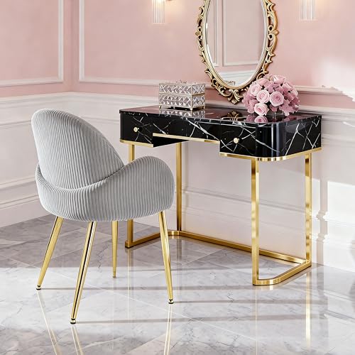 Image of Eifizek Home Office Desk Chair no Wheels, Modern Corduroy Upholstered Vanity Chair with Gold Legs for Girls Women, Ergonomic Padded Backrest for Living Room Bedroom, Grey