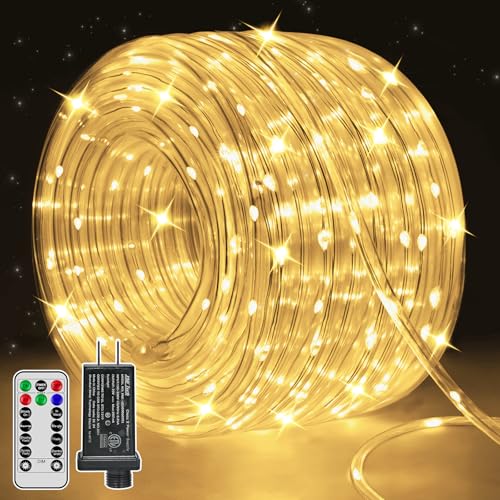 Ccinny 100ft LED Rope Lights Outdoor, 600 LED IP68 Waterproof String Lights with Plug & Remote, Rope...