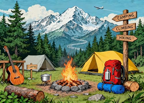 DePhoto 7x5FT Camping Backdrop Pine Tree Camping Equipment Bonfire Directional Sign Background for Outdoor Adventure Travel Holiday Themed Party Decoration Photo Shoot Props Vinyl