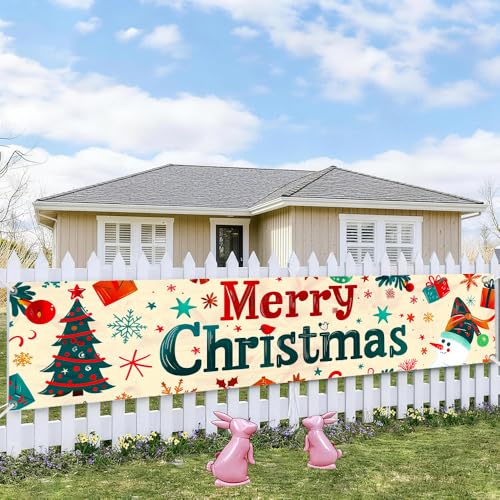 Image of Christmas Tree and Snowman Banner 78.7 x 17.7 Inch Colorful Tree Gift and Snowman Pattern Holiday Decoration for Yard Garden Fence Porch Patio or Winter Celebration Display