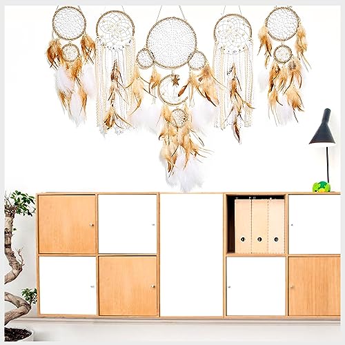 FeelfunFeather 5 Pack Dream Catchers Sun Moon Design Large Handmade Boho Wall Hanging Ornament with Decorative Feathers for Boys Girls Bedroom Living Home Decoration (Brown) FeelfunFeather 5 Pack Dream Catchers Sun Moon Design Large Handmade Boho Wall Hanging Ornament with Decorative Feathers for Boys Girls Bedroom Living Home Decoration (Brown)