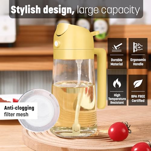 KEPLIN - 2 in 1 Oil Sprayer 470ml - Dual Function Spray & Pour Olive Oil Dispenser - BPA-Free PP & Glass - Refillable, Dishwasher Safe & Eco-Friendly - 18.4x8x9.9cm (Yellow) - Image 3