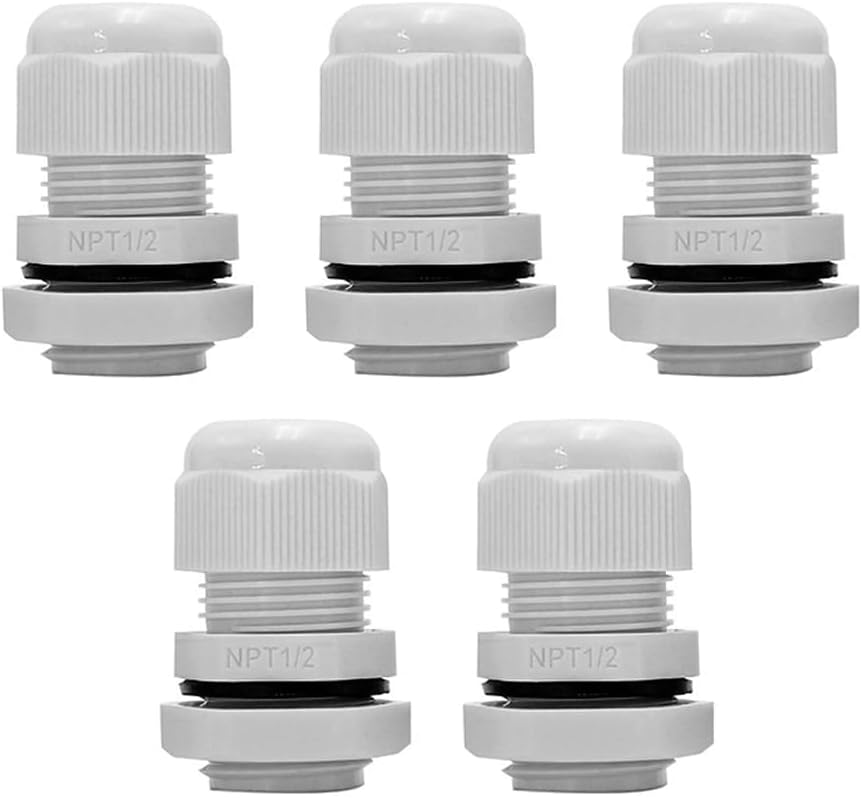 1/2" NPT Cable Glands - IP68 Waterproof, Adjustable Locknut for 6-12mm Cables, Nylon PA66 (5-Pack, White) - Ideal for Junction Boxes, Outdoor & Industrial Cable Management