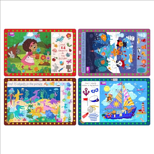 Image of ABYZ Wooden Jigsaw Puzzle - Animals Winter Celebrations, Gardening Time, Dinosaurs Era, Monkeys Sailboat Playset, 63 Pieces - Pack of 4 | Birthday Gift for (3 Plus Years) Age Kids.