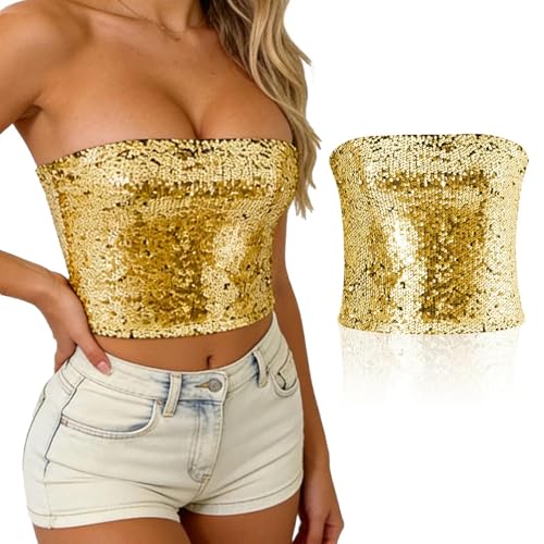 UILYNIU Top con Lentejuelas para Mujer Dorado Elástica Bandeau Top para Mujer, Tops de Lentejuelas para Mujeres (FR/ES, Letras, M, L, Regular, Regular, Dorado)