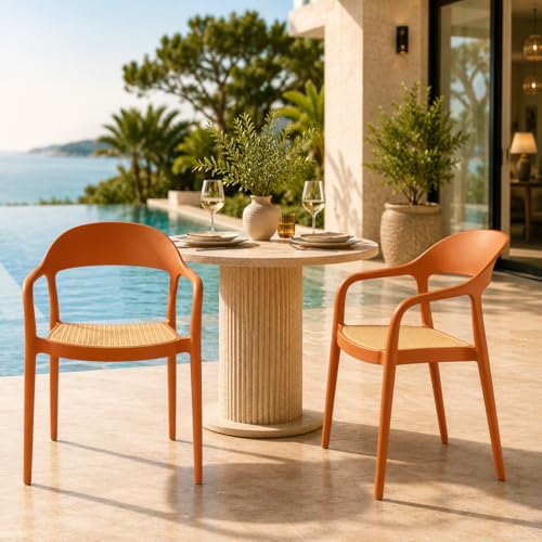Image of Rattan Style Outdoor Chair | Set of 2 Brown Plastic Arm Chair for Garden, Balcony, Patio & Cafe | Lightweight Weather Resistant Seating | 3 Year Manufacturing Warranty