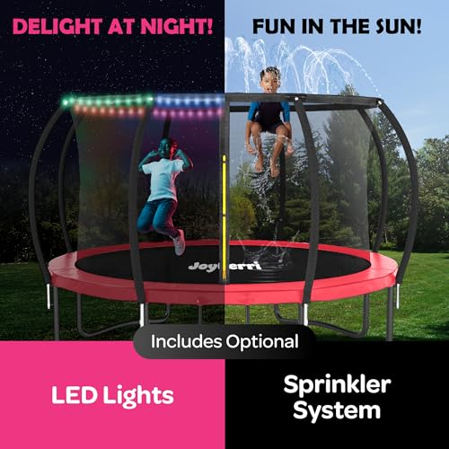 Image of JoyBerri Upsurge Trampoline Outdoor - ASTM Certified Safe 8Ft 10Ft 12Ft 14Ft 15Ft 16Ft Recreational Trampoline for Kids and Adults. Anti-Rust Coating with Enclosure Net, Ladder, Sprinkler & LED Lights