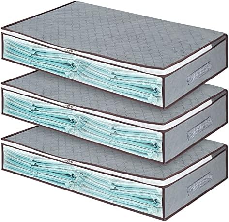 3 Pack Underbed Storage Bags with Zips, Large Under Bed Organiser Containers Boxes Containers for Clothes Bedding Comforter with Clear Window (long grey 2)