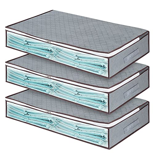 Unterbett-Aufbewahrungstaschen mit Reißverschluss, große Unterbett-Organizer, Behälter, Behälter für Kleidung, Bettwäsche, Tröster mit transparentem Fenster (lang grau 2) 3 Stück Cover