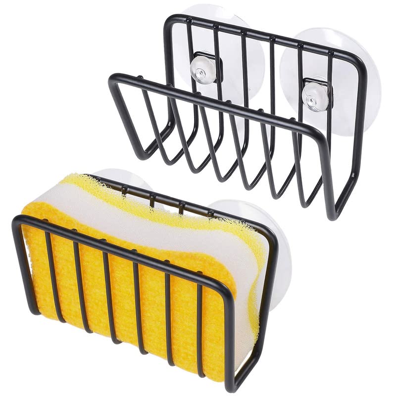 Sponge Holder for Kitchen Sink, Rust-Proof Suction Cup Sponge Caddy - Black - 2 Pack