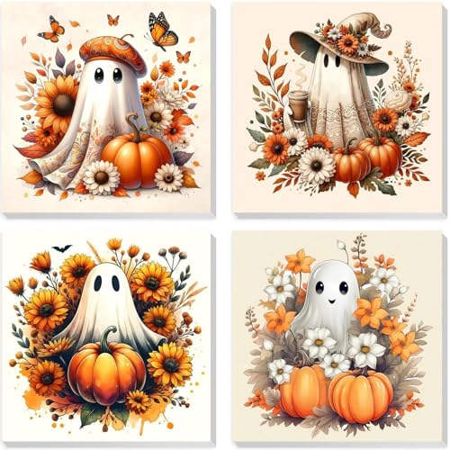 4 Pack Fall Ghost Paint by Numbers Kit for Adults Beginners With Framed  Thanksgiving Adult Paint by Number Kits on Canvas Easy Acrylic Oil Paint by Number for Kids & Adults for Home Decor 8x8 Inchs