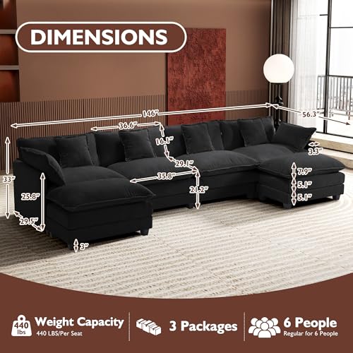 Image of Ihanherry U-Shaped Modern Sofa 146 inch Modular Sectional Cloud Couch with 2 Ottoman, 6-Seat Chenille Deep Seat Sofa with 6 Pillows for Living Room, Black