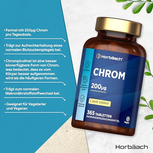 Chrom Tabletten aus Chromium Picolinate 200 mcg | 1 Jahr Vorrat - 365 Vegan Tabletten | Hochdosiert Chrom Picolinat | ohne unnötige Zusätze | Horbaach