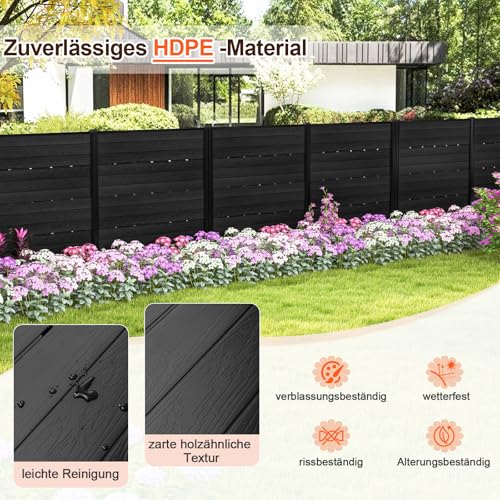 COSTWAY Gartenzaun 2-teilig, Zaun mit Pfosten & Schutzkappen, 115 cm hoch, Sichtschutzzaun aus HDPE, Steckzaun Zaunelementen, Freistehender dekorativer Zaun, Sichtschutz für Garten Terrasse, Schwarz
