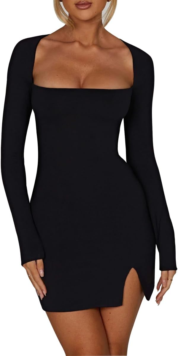 Women's Sexy Drawstring Long Sleeve Square Neck Cut Out Backless Side Slit Bodycon Mini Dress Clubwear