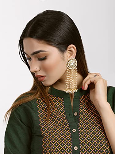 Image of Karatcart Gold Plated Pink Meena Lotus Design Kundan Dangler Earrings for Women (color may slightly vary due to photographic effect)