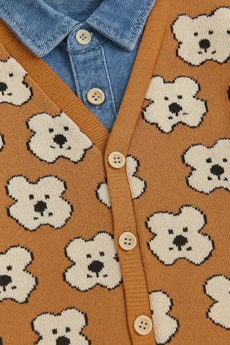 Image of Bold N Elegant Teddy Bear Cartoon Print Cardigan Jacket Attached Shirt & Denim Jeans Pant Winter Party Clothing Set for Boys Girls Kids