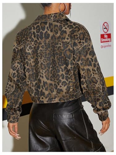 WDIRARA Women's Leopard Denim Jacket Button Down Long Sleeve Jean Outerwear Crop Jacket3