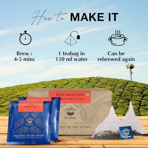 Image of TEA SENSE Royal Masala Chai | 15 Pc Pyramid Tea Bags | Kadak Flavor | Asaam CTC, Ginger, Cardamom, Clove, Cinnamon, Black Pepper, Star Anise, Strong Milk Tea