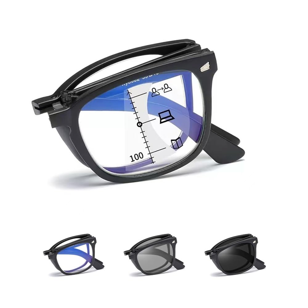 Opoldbdmac Men's Black Tortoiseshell Folding Reading Glasses Photochromic Sunglasses Progressive Multifocus Foldable Eyewear Compact 2.0(,+3.5)