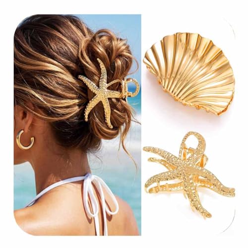 BARTOSI Shell Claw Clips Gold Hair Clips Large Hair Claw for Thick Hair Beach Hair Accessories for Women and Girls (Pack of 2)