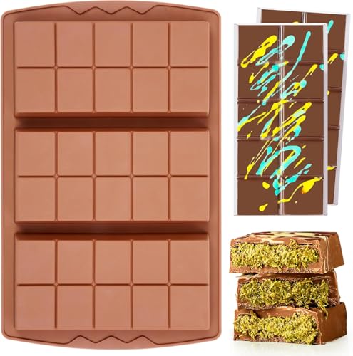 Image of Dubai Chocolate Bar Mold Deep Stuffed Silicone Molds for Filling Knafeh Pistachio Chocolate Bar Large Thick Candy Bar Molds Break Apart (10 Snap
