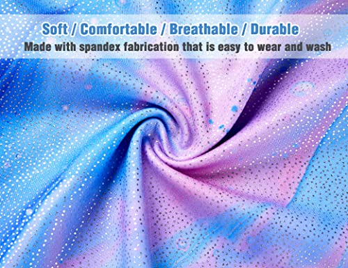 TENVDA Girls Gymnastics Leotards Size 7-8 Years Old Sparkly Blue Spiral Graffiti Printed Biketard Acro Class Workout Unitard